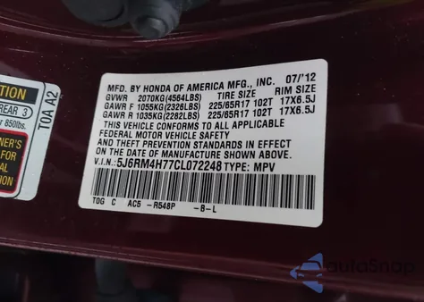 2012 Honda Cr-V Ex-L from USA, damaged, VIN 5J6RM4H77CL072248
